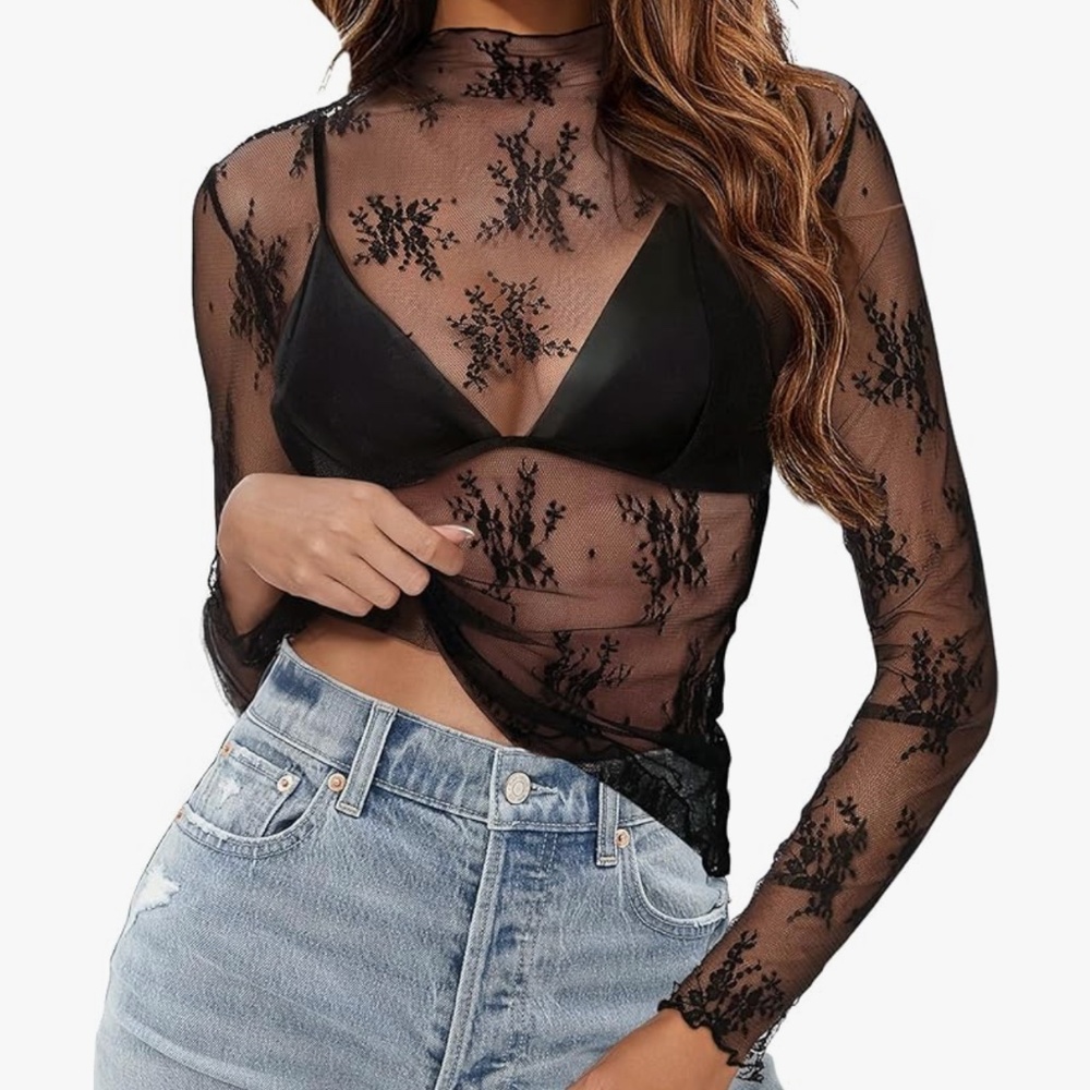 And Now This Black Long-sleeved Lace Sheer Top, Size Large